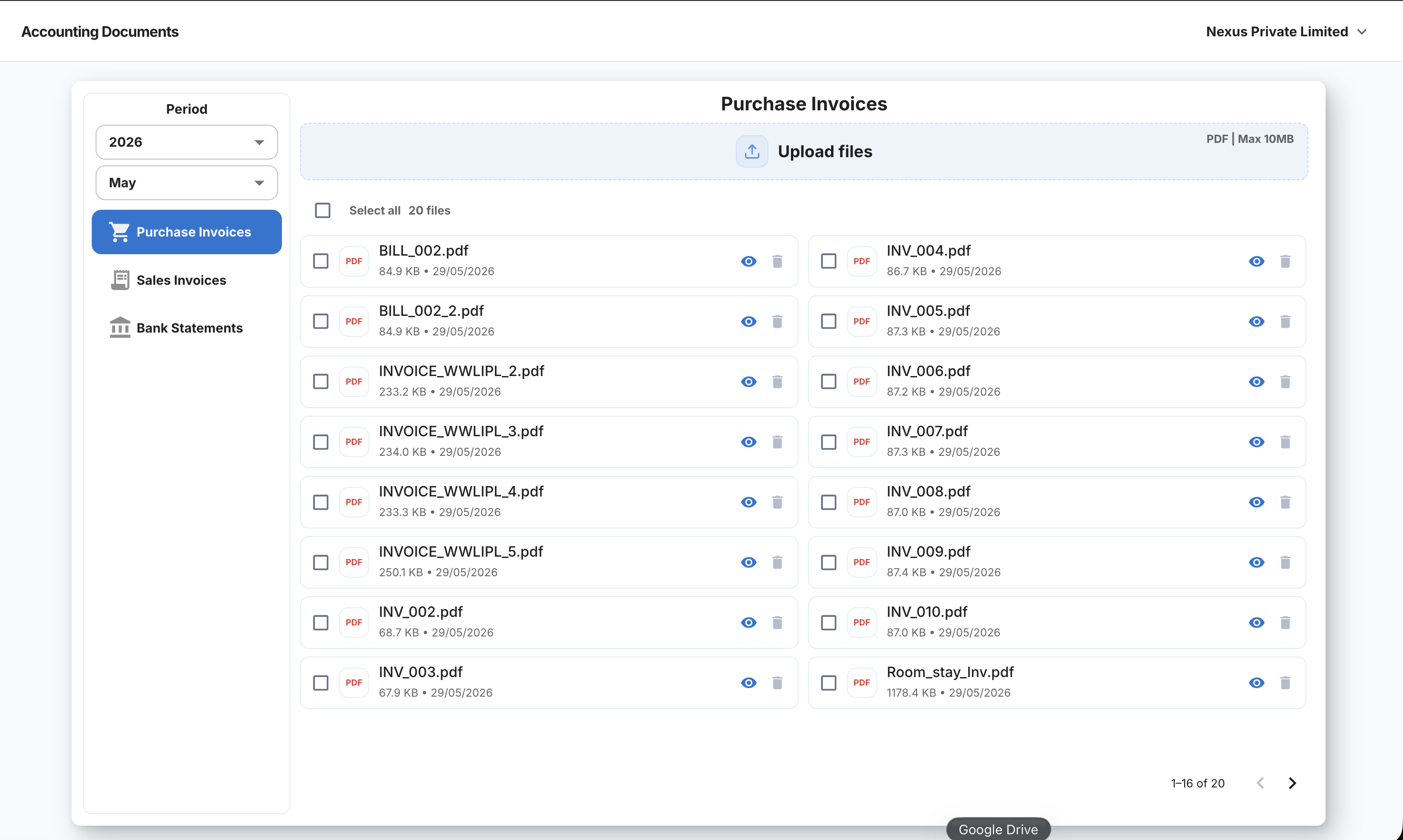 Flick AI manage documents screen for uploaded accounting files